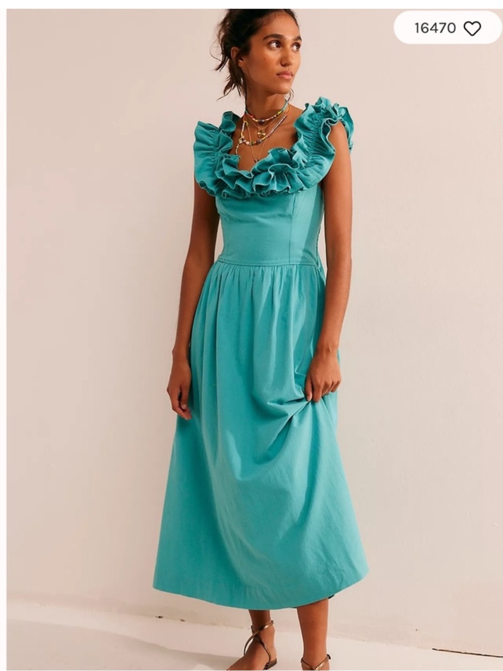 Free People NWT Ruffle It Up Midi Dress Square-Neck XS Turquoise Boho Indie